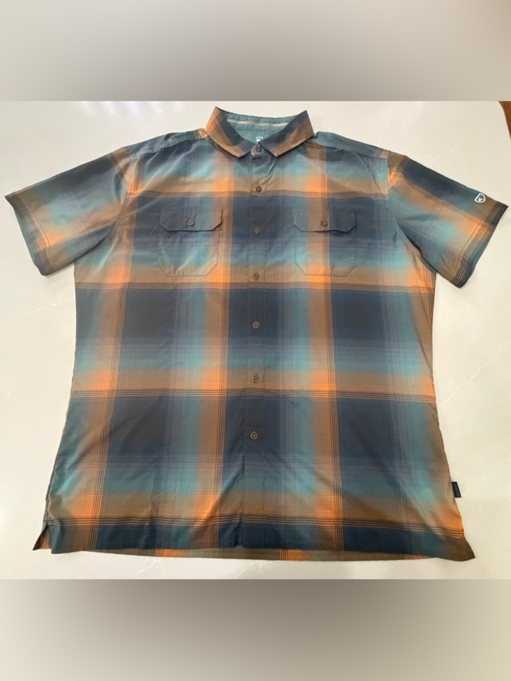 Kuhl Outdoor Men's Plaid Button-Down Shirt in Teal and Orange, XL